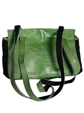 ITALY CROCODILE LEATHER green & black canvas one of a kind long straps